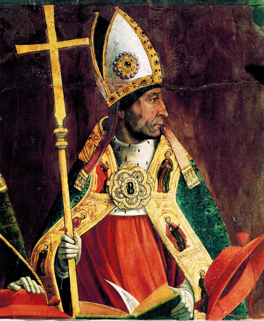 Painted portrait of Cardinal Francisco Jimenez de Cisneros in a jewelled mitre and red robes, holding a processional cross