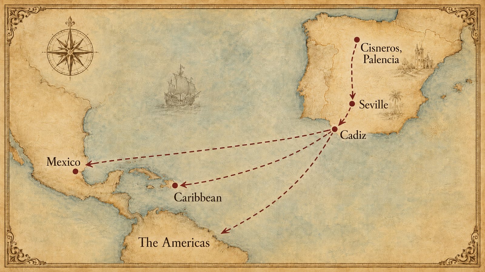 Antique-style map of routes from Cisneros, Palencia through Seville across the Atlantic to the Americas