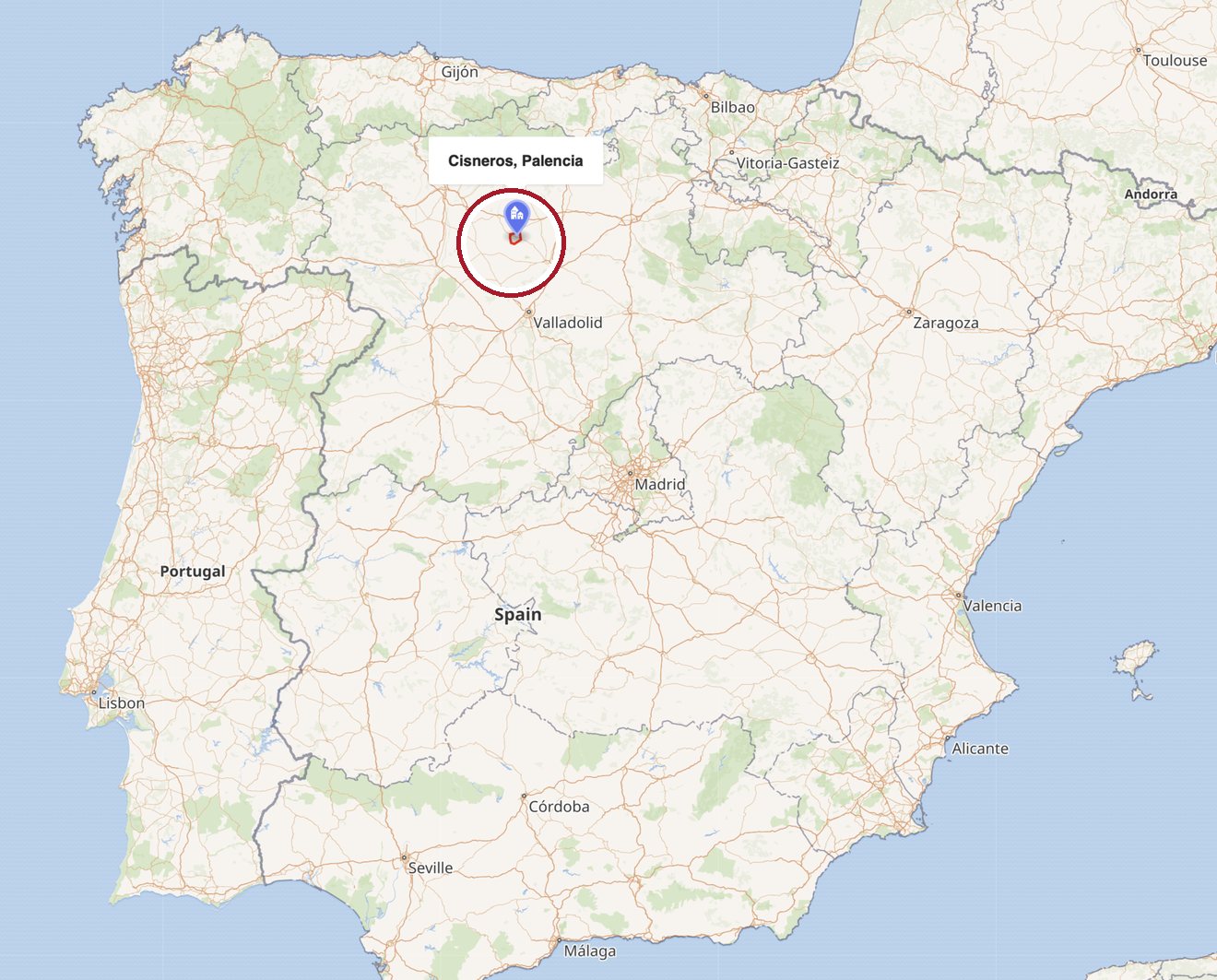 Map of Spain with a highlighted ring around the town of Cisneros in the province of Palencia, in the north between Gijón and Valladolid