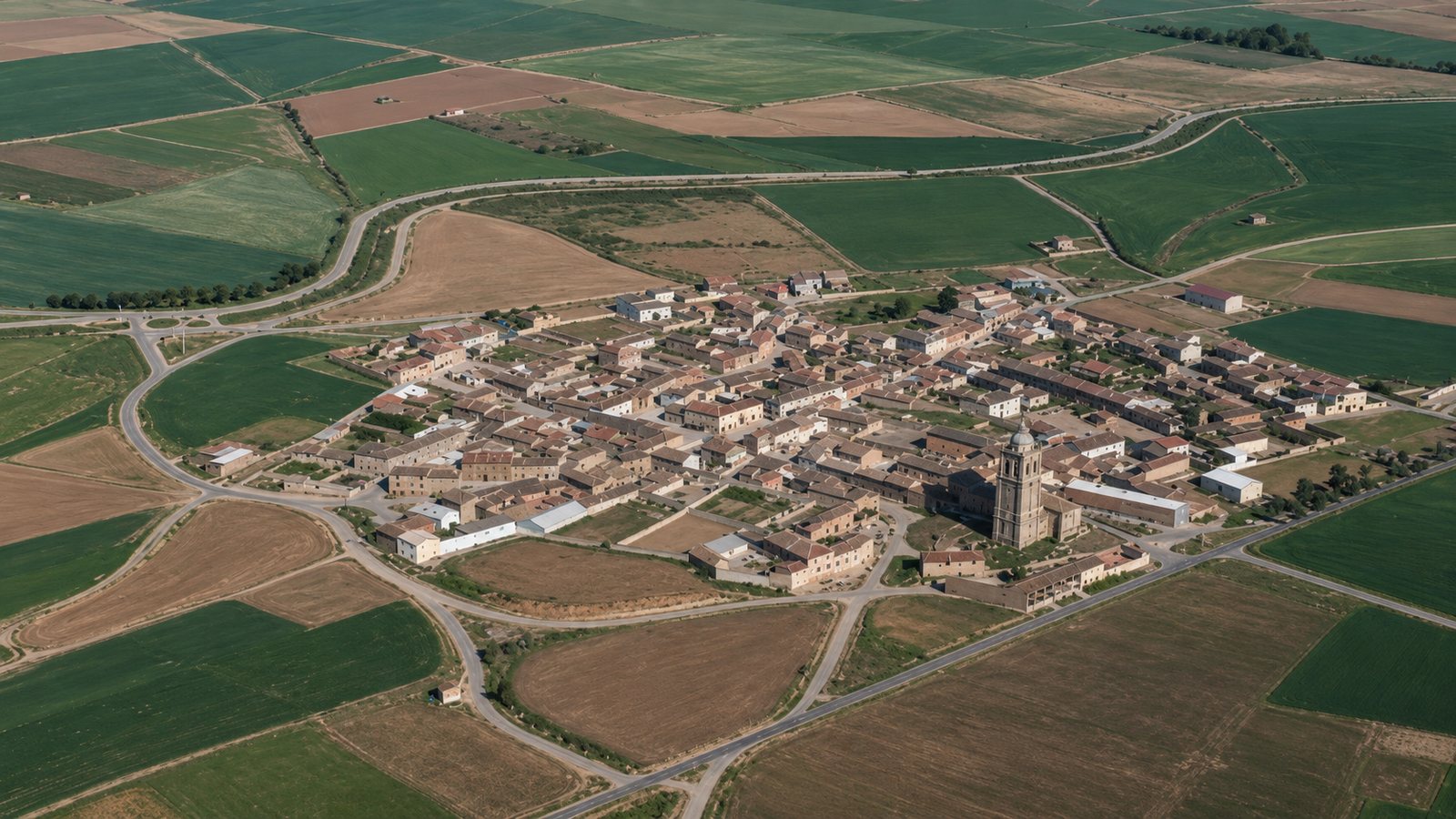 Aerial view of the town of Cisneros, Palencia, surrounded by the fields of the Tierra de Campos